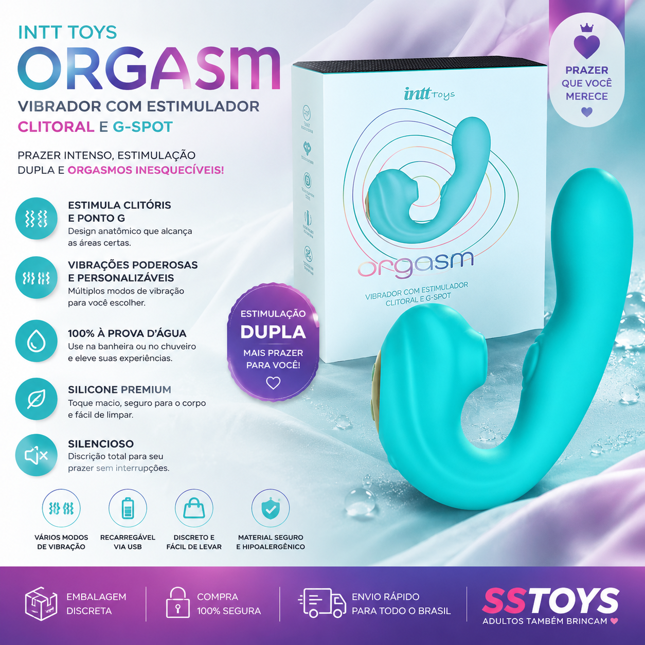 Vibrador Orgasm Intt com Estimulação Tripla para Ponto G, Clitóris e Canal Vaginal Recarregável