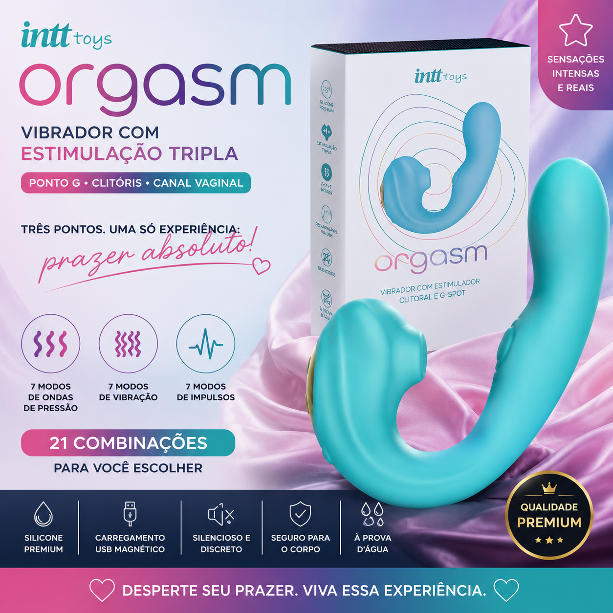 Vibrador Orgasm Intt com Estimulação Tripla para Ponto G, Clitóris e Canal Vaginal Recarregável